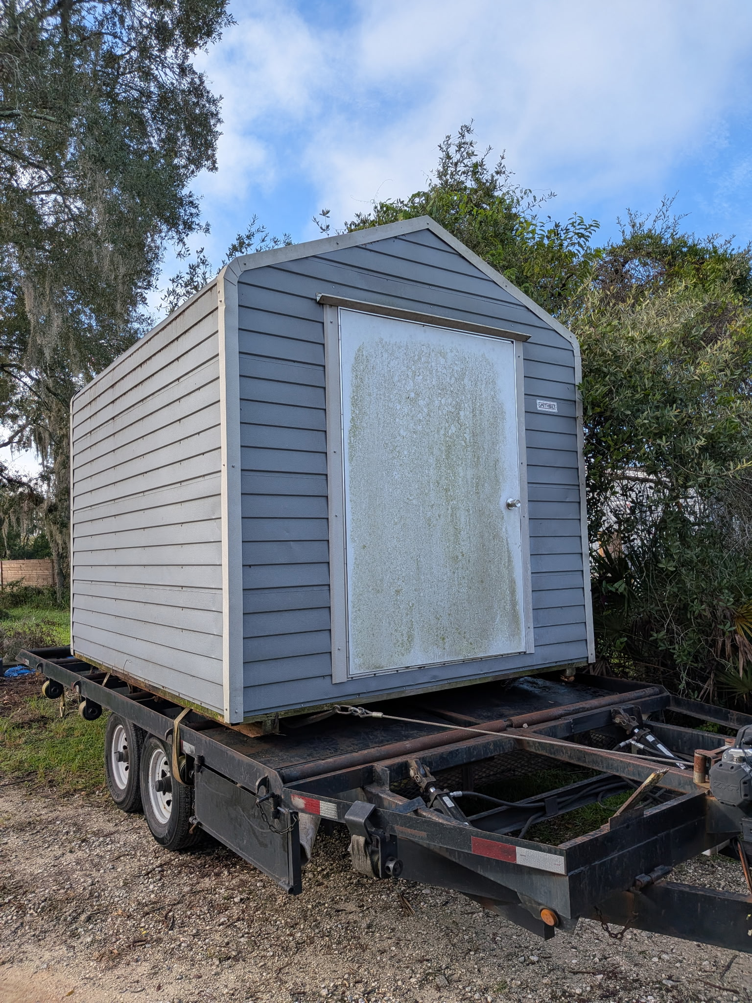 blue shed on trailer