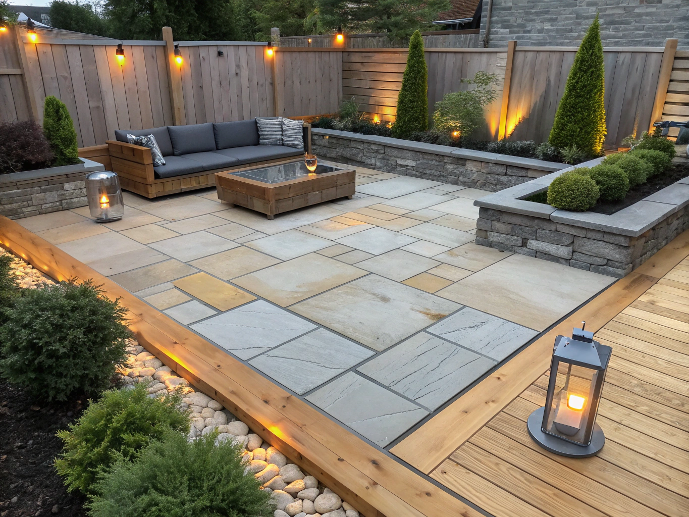 Backyard stone patio pavers with architectural landscape lighting